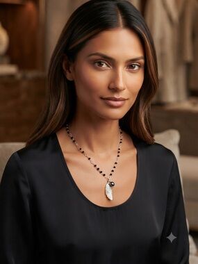 Pearl and Black Bead Necklace with White Shell Feather Pendant